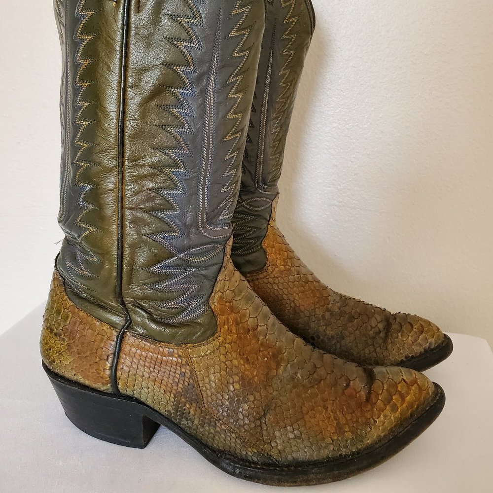 Tony Lama 10 painted green brown tan black western cowboy boots python snakeskin